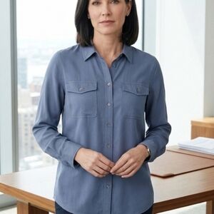 Chico's Sandwash Satin Solid Easy Shirt Size 2/12-14 Faded Indigo NWT